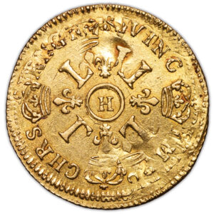 Coin France - Louis XIV - Louis d'or aux 4 L - overstrike flan 1693 H - La Rochelle reverse