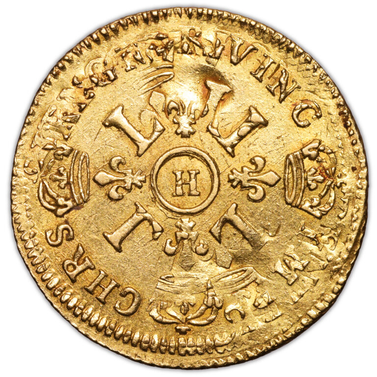 Coin France - Louis XIV - Louis d'or aux 4 L - overstrike flan 1693 H - La Rochelle reverse