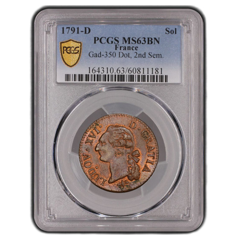 Coin France - Louis XVI - Sol à l'écu - 1791 D  Lyon - PCGS MS 63 BN slab