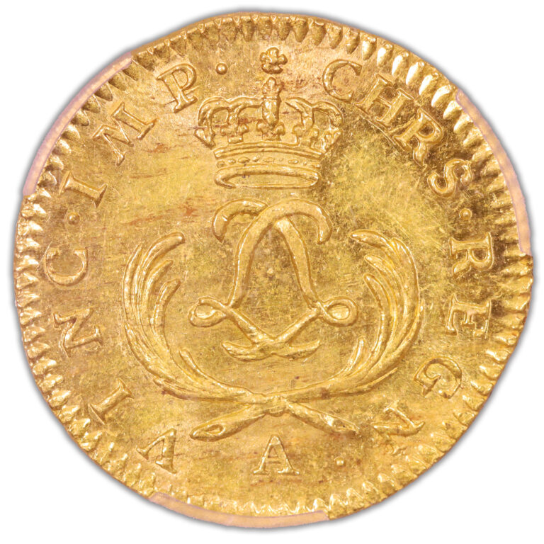 Coin France - Louis XV - Gold - Louis d'or au Mirliton - Palmes courtes - 1723 A Paris - PCGS MS 62 reverse