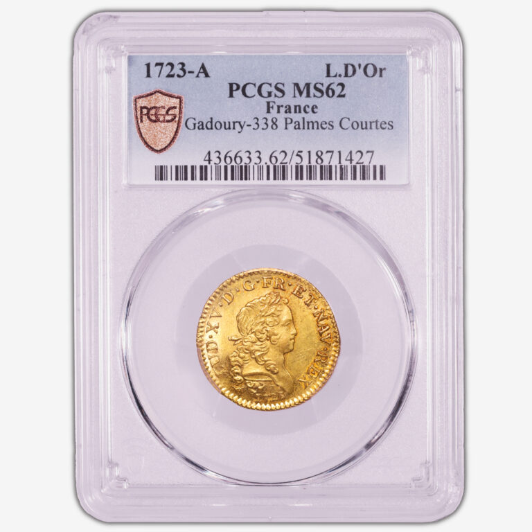 Coin France - Louis XV - Gold - Louis d'or au Mirliton - Palmes courtes - 1723 A Paris - PCGS MS 62 slab
