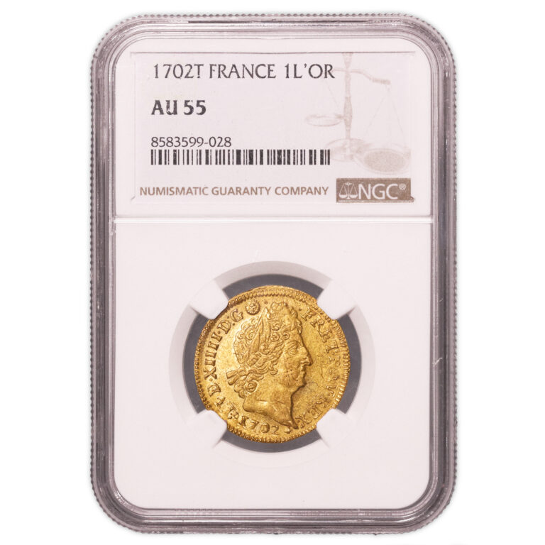 Louis XIV - Louis or aux 8 L et aux insignes 1702 T Nantes NGC AU 55 slab