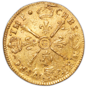 Coin France - Louis XIV - Gold - Louis d'or aux insignes - 1704 G Poitiers - Hoard - Treasure of Valenciennes reverse