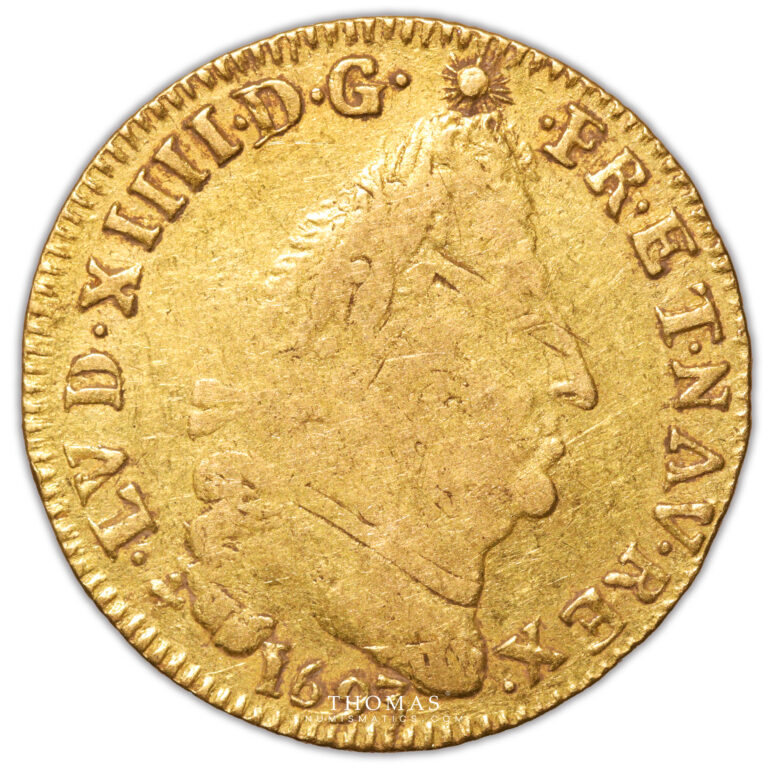 Coin France - Louis XIV - Gold - Louis d'or aux 4 L - 1693 AA Metz - Hoard -  Treasure of Valenciennes obverse