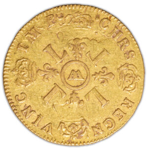 Coin France - Louis XIV - Gold - Louis d'or aux 4 L - 1693 AA Metz - Hoard -  Treasure of Valenciennes reverse