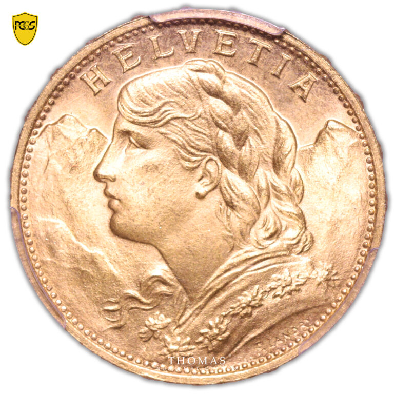 Coin - Switzerland - Gold 20 francs or vreneli - 1926 B Berne - PCGS MS 66 obverse