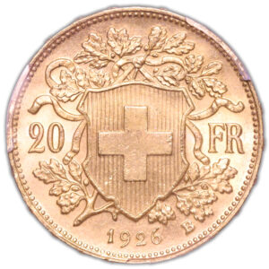 Coin - Switzerland - Gold 20 francs or vreneli - 1926 B Berne - PCGS MS 66 reverse