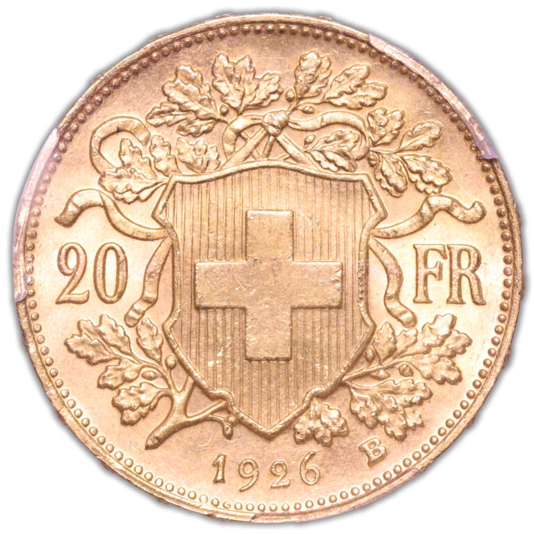 Coin - Switzerland - Gold 20 francs or vreneli - 1926 B Berne - PCGS MS 66 reverse