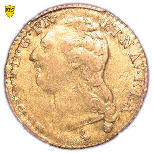 Coin France - Louis XVI - Gold Louis d'or à la tête nue - 1787 A Paris - PCGS AU 50 - Mint error - Struck Through obv obverse