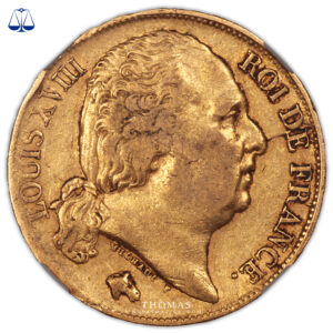 Louis XVIII - 20 francs or 1824 MA - NGC XF 45 avers