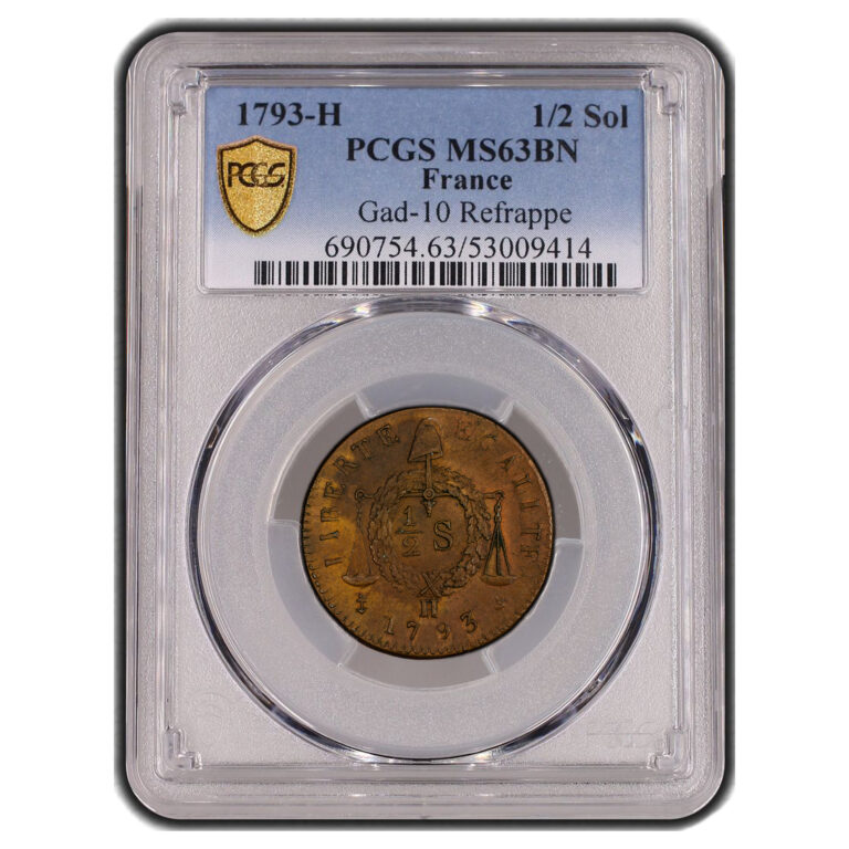 Coin France - Convention - 1/2 Sol à la balance - 1793 H La Rochelle - Refrappe - PCGS MS 63 BN slab